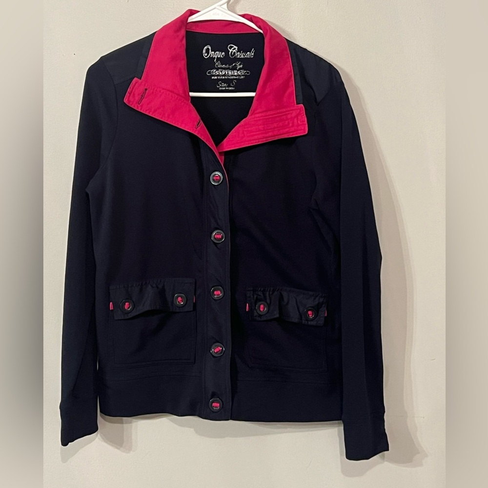 Onque Casuals Jacket Size Small Button Down Navy Blue and Pink